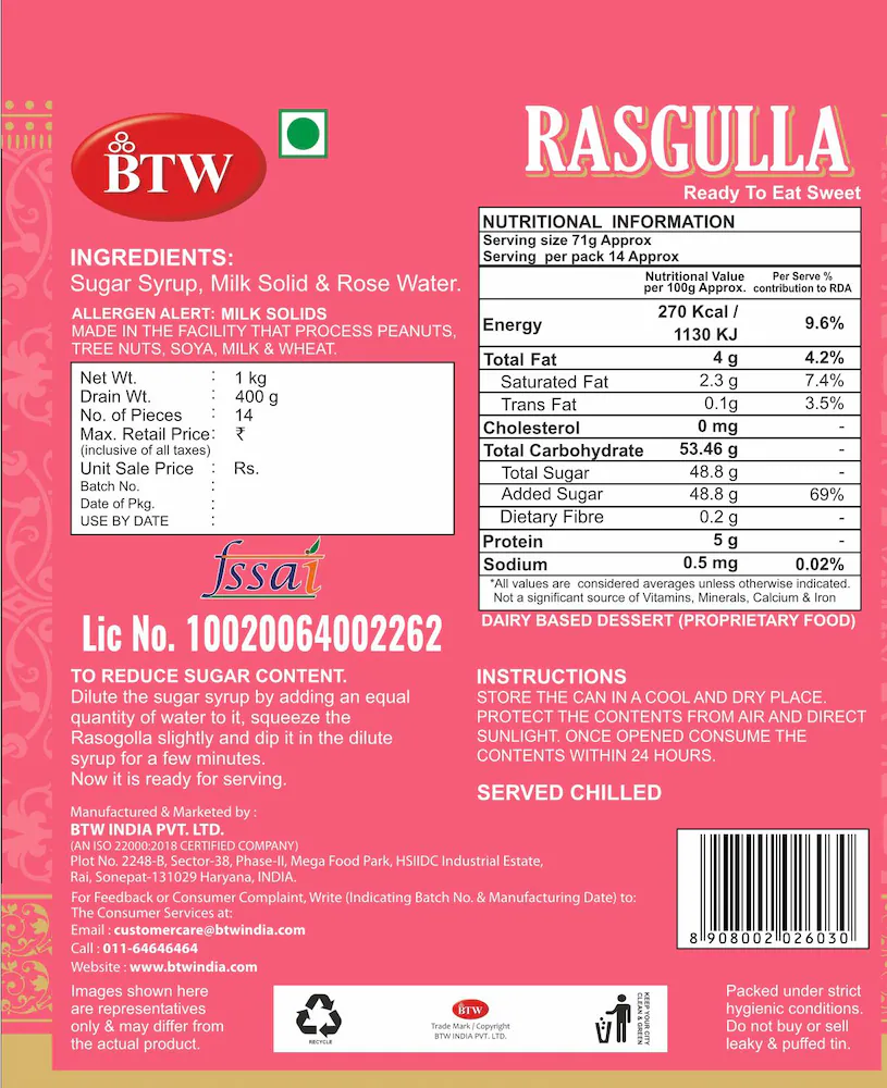 BTW Rasgulla 1 Kg (Rasagulla / Rosogulla / Roshogolla | Indian Mithai / Festive Sweets Gift Pack / Box | Diwali Sweet Gifts) - Image 3