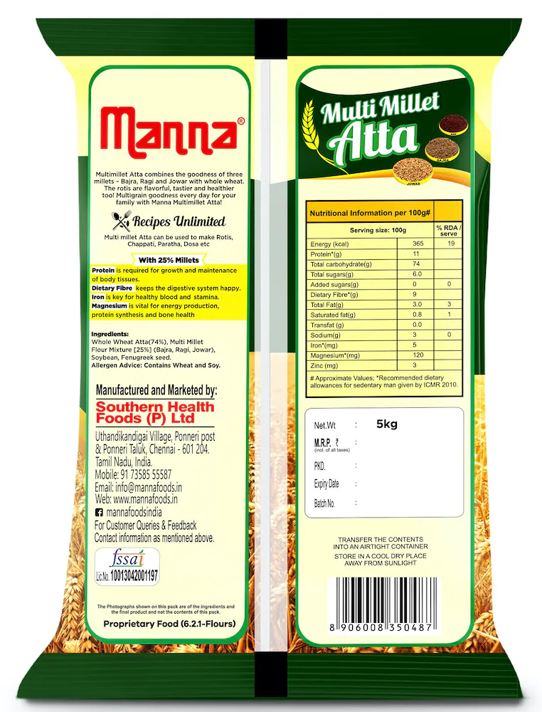 Manna Multigrain Atta 5kg | Certified Low GI Atta | Multi Millet Atta | Wheat Flour with 25% Millets - Image 4
