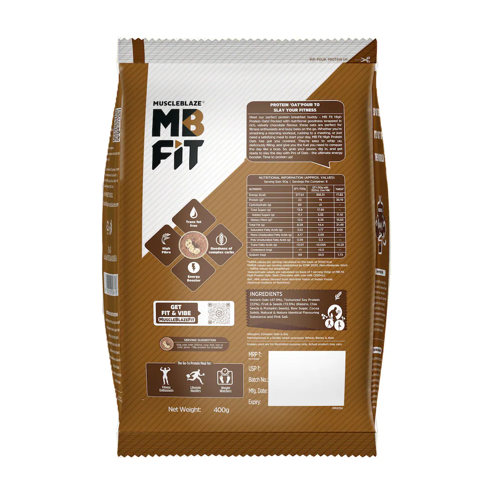 MuscleBlaze Fit High Protein Oats 400 g | Dark Chocolate | 22 g Protein | Rolled Oats | Breakfast Cereals for Weight Management
